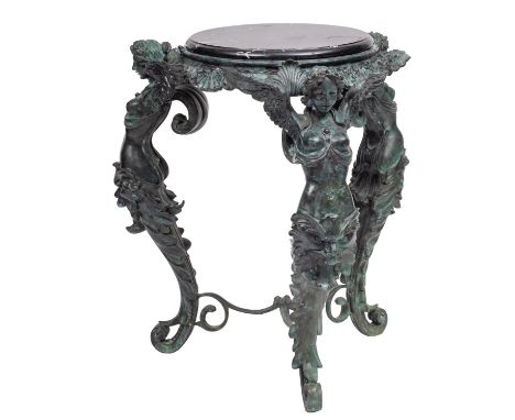 A verdigris patinated metal and marble mounted gueridon in the manner of a tripod Athenienne, of recent manufacture; the circ