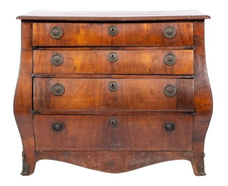 A Dutch stained walnut bombe commode, early 19th century; the slightly serpentine moulded top above four long graduated drawe