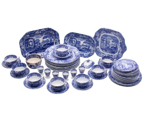 A Spode Italian pattern part tea and dinner service printed in blue, black backstamps, mid-20th century.