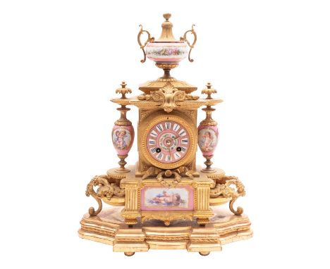 Japy Frères a late-Victorian gilt-metal and porcelain mounted mantel clock the eight-day duration movement striking the hours