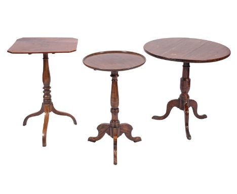 A George III oak circular tripod table, late 18th century, with baluster turned stem, 70cm high, 70cm diameter; a Regency rec