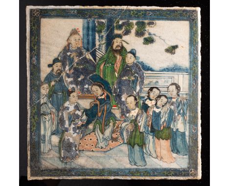 A pair of Chinese painted soapstone panels depicting  presentation scenes on pavilion terraces with figures from Chinese lege