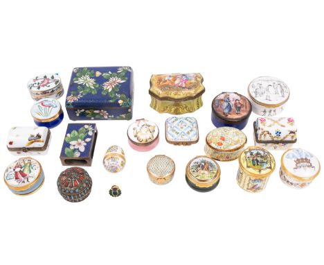 A collection of enamelled copper and ceramic boxes, 20th century; including an example in 18th century taste, with courting f