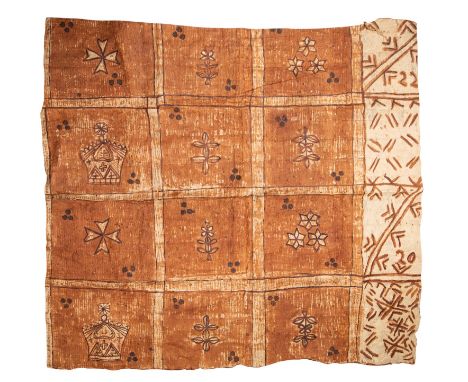 A large Tongan tapa mat, early 20th century; rectangular, with stylised foliate and crown motifs in russet reserves; 177 x 17