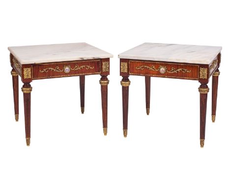 A pair of marble-topped mahogany occasional tables in French 18th century taste, modern; the square tops above inset ceramic 