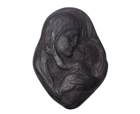 Alfred Lyndhurst Pocock (1882-1962), a carved ebony relief of the Madonna and Child, mid 20th century; monogrammed to undersi