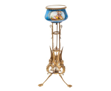 A Continental gilt metal and Paris style porcelain mounted tripod jardinière stand in Pompeiian Revival style, late 19th cent