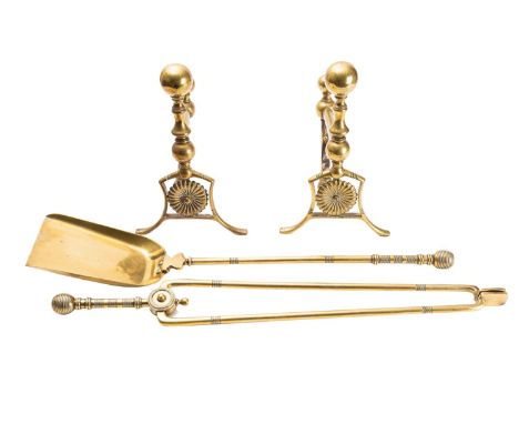 A set of Victorian brass fire tools in Aesthetic style, by Benham & Froud of London, circa 1900; comprising shovel, poker and