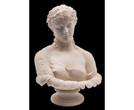 A Copeland Parian bust of Clytie, set on a waisted socle, impressed verso Copeland, 94, and printed Art Union of London 1847,