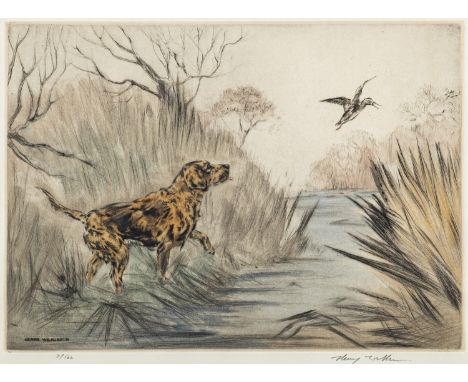 *Henry Wilkinson (British, 1921-2011)Spaniels flushing game, flat coat retrievers and a kingfisherEight coloured dry-point et