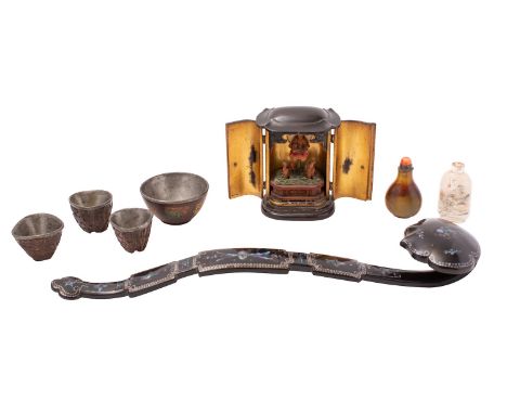 A mixed lot of Japanese and Chinese works of art comprising a black lacquer and m.o.p. ruyi sceptre, 40cm; a small shrine, 11