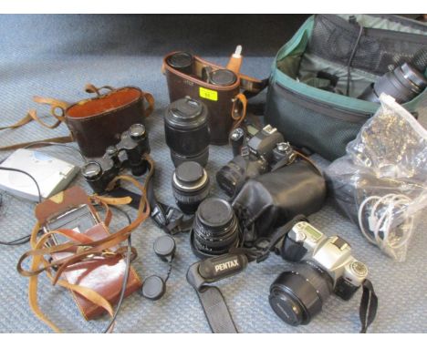 Vintage cameras, binoculars and electricals to include a Sigma collection of lenses, a Pentax ZX7 camera and  military binocu