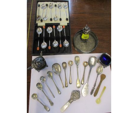 Silver and silver plate to include a silver tea caddy spoon, an Edwardian babies rattle, cutlery and flatware 