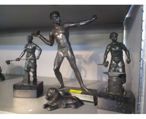 Four patinated bronze ornaments to include one of a man throwing a brick 