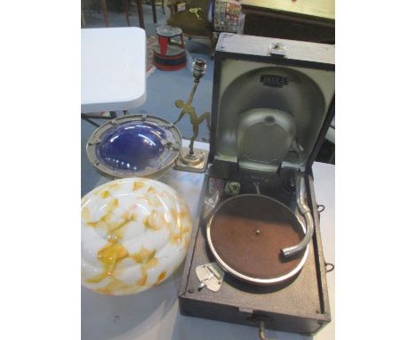 A mixed lot to include an Art Deco table lamp, two shades and a Decca gramophone 