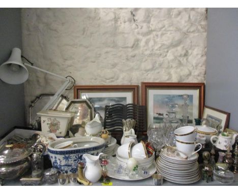 A mixed lot comprising silver plate and cutlery, an anglepoise lamp, china to include Royal Doulton, glassware, prints and wa