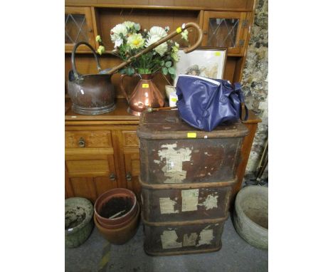 A mixed lot to include a Victorian copper jug, a later copper coal scuttle, a vintage suitcase, a George V swagger stick, Syl