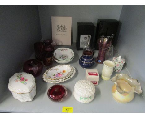 A selection of ceramics and glass to include ruby cut and flashed glassware and ornaments, Belleek, Royal Crown Derby, Minton