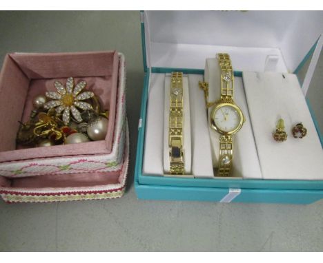 A boxed Limit Ladies wristwatch and various costume jewellery to include a pair of 9ct gold opal and ruby cluster ear studs 