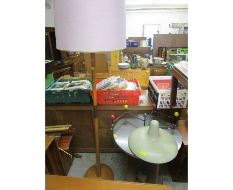 A mixed lot to include a retro standard lamp with shade, a green enamelled light shade, retro metal coat hooks with coloured 