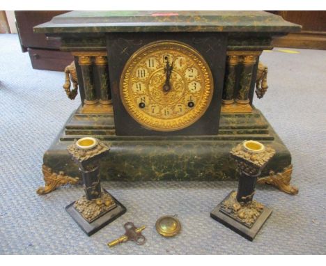 A late 19th century marble painted effect mantle clock and similar candlestickLocation: 1:1 