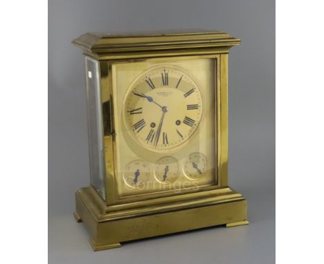 W. Thornhill &amp; Co. A late Victorian gilt brass four glass calendar mantel clock, with gilt Roman dial and additional dial