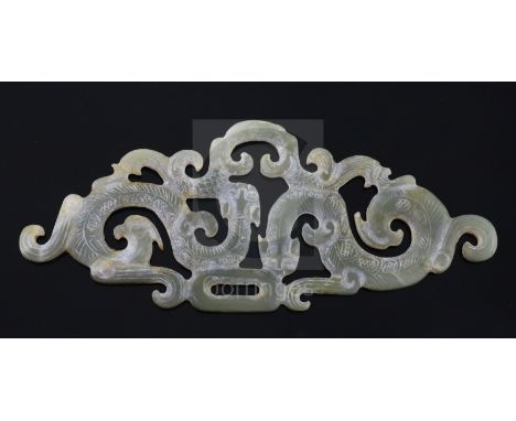 A Chinese Western Zhou style jade plaque, carved and pierced with two entwined chilong and scrolls, W. 15.2cmCONDITION: THere