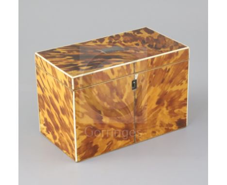 A Regency ivory strung blond tortoiseshell tea caddy, of plain rectangular form with twin compartment interior, width 6.5in. 