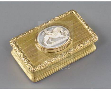 A George IV engine turned silver gilt rectangular snuff box, by Thomas Shaw, the lid with inset oval cameo shell, depicting a