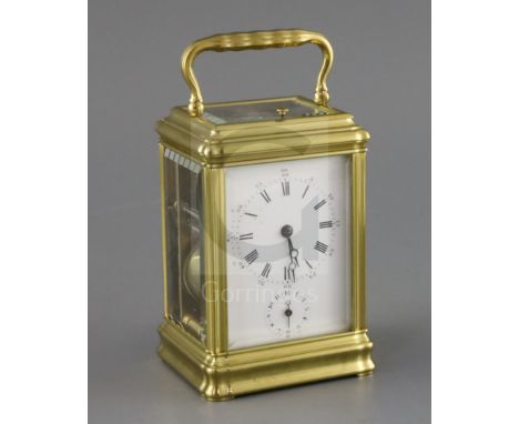 A late 19th century lacquered brass hour quarter repeating carriage alarum clock, with gorge case, with enamelled Roman dial 