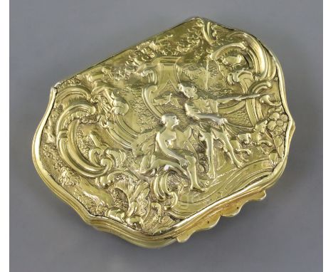 A George II silver gilt snuff box, of cartouche form and embossed with figures amid scrolls, indistinct maker's mark, London,