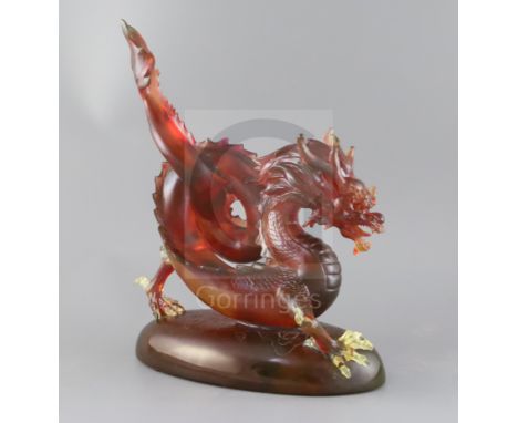 A large Chinese pate de verre figure of a dragon, by Tsian Yu (Ningbo Qianyu Glass), modern, in translucent red and green gla