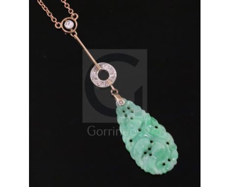 A 1940's/1950's? gold, carved jade and diamond set drop pendant necklace, (chain a.f.), pendant 32mm including small bale, gr