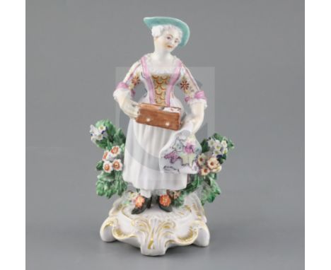 A Derby figure of the map seller's companion, c.1765-70, standing before bocage, on a scrollwork base, patch marks, H. 16cmCO
