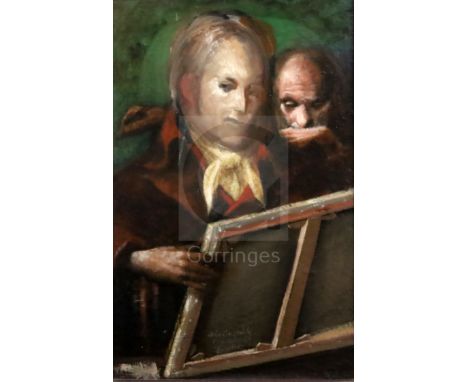 § Tom Keating (1917-1984)oil on fabric laid on board"John Constable R.A. discovers a Keating?"studio stamp verso24 x 15.75in.