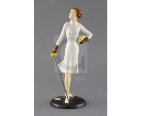 A rare Goebel Art Deco pottery figure of female fencer, holding a foil in her right hand, impressed 'WG' mark and model no. '