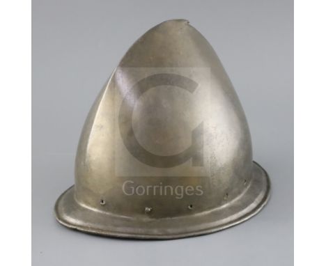 An Italian infantry helmet cabaset c.1580, polished steel raised from a single plate, medial ridge with pear stalk finial, pi