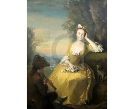 Early 19th Century French Schooloil on canvasPortrait of a lady, standing in a landscape, a piper and pug dog in attendance,3