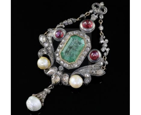 A Georgian gold and silver, emerald, cabochon ruby, rose cut diamond and pearl set drop pendant brooch, with closed back sett