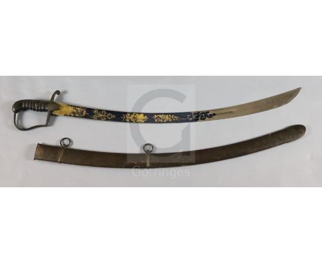 A George III 1796 pattern Bright Light Cavalry Officer's sword. The 82cm. single edge curved and blue fullered blade lightly 