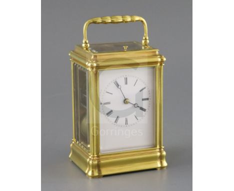 A mid 19th century French lacquered brass hour repeating carriage clock, in gorge case, with enamelled Roman dial and unsigne