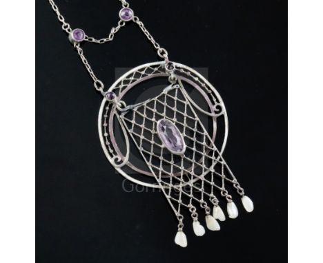 An early 20th century Austrian? secessionist style sterling silver, white enamel, amethyst and baroque pearl drop pendant nec