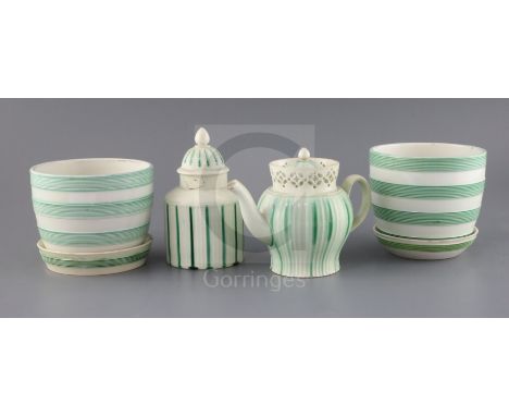 Two Wedgwood Queensware green banded cache pots and stands, a Leeds creamware teapot and cover and similar tea caddy and cove