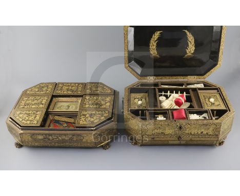 A 19th century Chinese export black lacquer work box, with assorted ivory fittings and a similar games box with lacquered tra