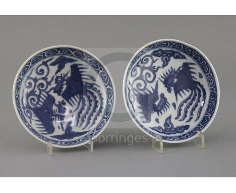 A pair of Chinese Ming blue and white 'phoenix' saucer dishes, pseudo Wanli mark, 17th century, the underside with birds on p