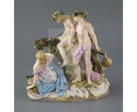 A Meissen porcelain group of the drunken Silenus, 19th century, supported by Bacchus and slumped on a donkey being fed grapes