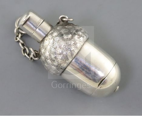 A Victorian novelty silver scent flask/vinaigrette, modelled as an acorn, by Sampson Mordan &amp; Co, with textured decoratio