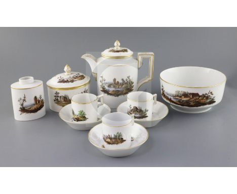 A Furstenburg seventeen piece part coffee service, c.1800, the coffee pot, sucrier and cover and tea caddy of oval form, each