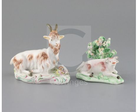 A Derby figure of a recumbent goat and a similar figure of a lowing cow, c.1760-5, patch marks, L. 12cm and 9.5cmCONDITION: P