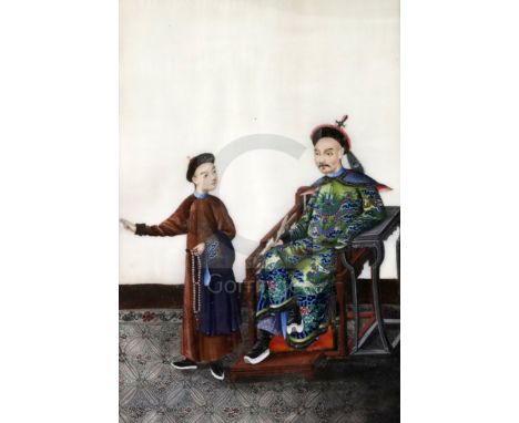 Nine 19th century Chinese gouache on pith paper, depicting seated nobles and sages with attendants, 26.5 x 17cmCONDITION: - W